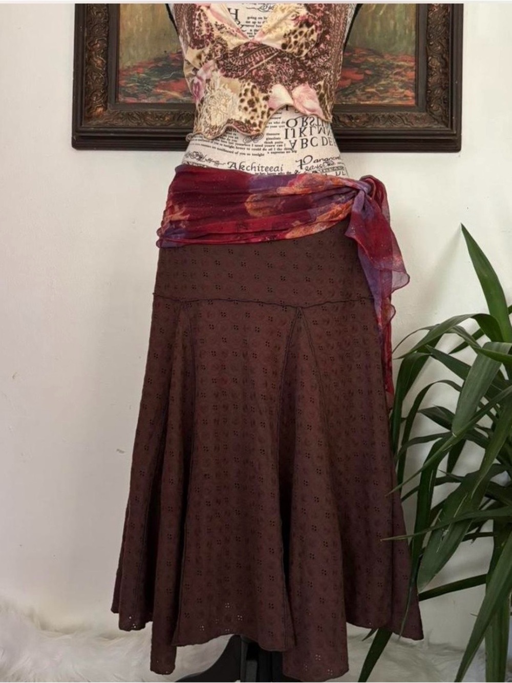 Vintage Brown Eyelet A-Line Boho Skirt